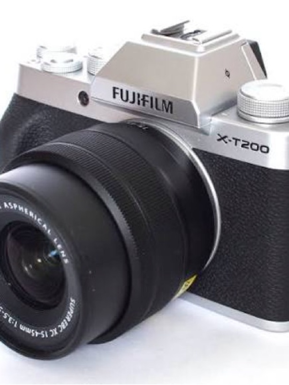 Fujifilm X-T200 Silver and Black Mirrorless Camera with Attached Zoom Lens